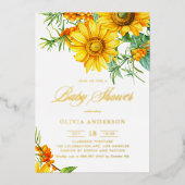 Waterverf Zonnebloem en Zee Buckthorn Baby shower Folie Uitnodiging (Voorkant)