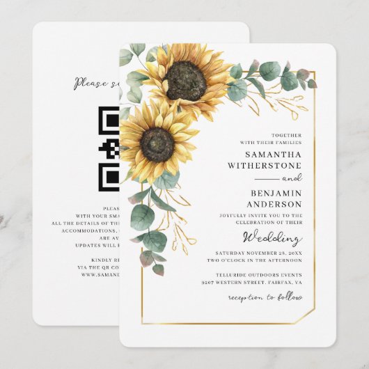 Waterverf Zonnebloem Eucalyptus QR Code Huwelijk Kaart (Voorkant / Achterkant)