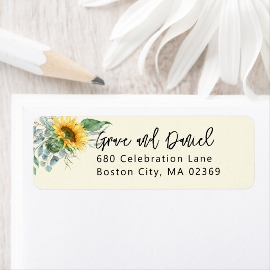 Waterverf Zonnebloem Eucalyptus Return Address Etiket (Insitu)