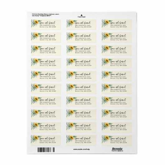 Waterverf Zonnebloem Eucalyptus Return Address Etiket (Full Sheet)