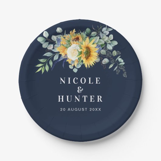 Waterverf zonnebloem - eucalyptusbruiloft papieren bordje (Voorkant)