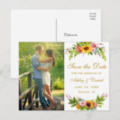 Waterverf Zonnebloem Floral Gold Bewaar de datum Uitnodiging Briefkaart (Voorkant / Achterkant)