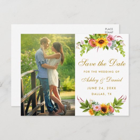 Waterverf Zonnebloem Floral Gold Bewaar de datum Uitnodiging Briefkaart (Voorkant / Achterkant)