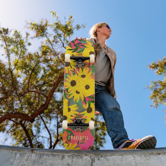 Waterverf Zonnebloem Floral Patroonroze + Naam Persoonlijk Skateboard (Buiten 1)