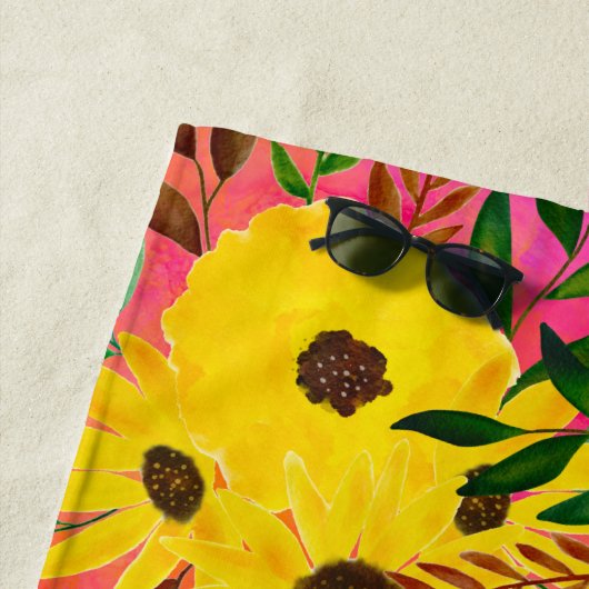 Waterverf Zonnebloem Floral Patroonroze + Naam Strandlaken (In situ)