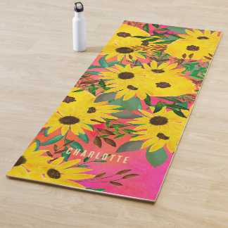 Waterverf Zonnebloem Floral Patroonroze + Naam Yogamat