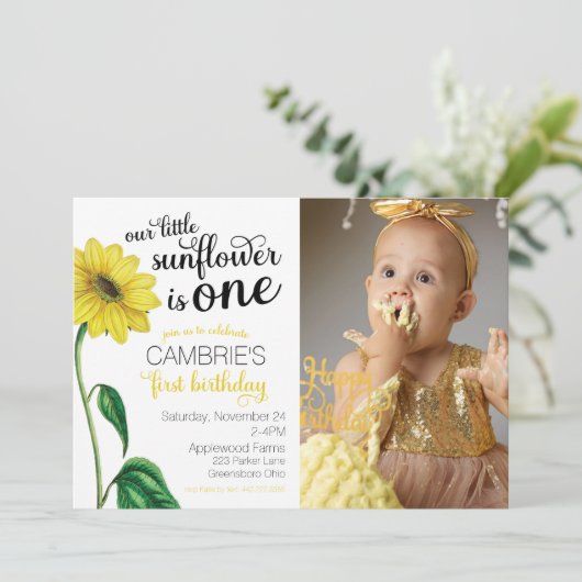 Waterverf zonnebloem foto eerste verjaardag kaart (Staand voorkant)