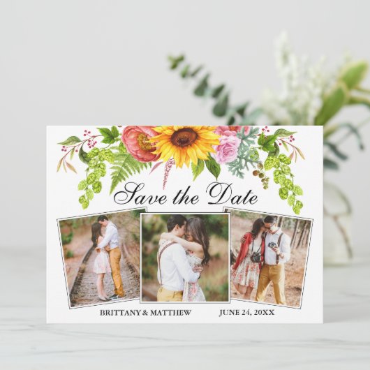 Waterverf Zonnebloem Gemengde Floral 3 Foto Save The Date (Staand voorkant)