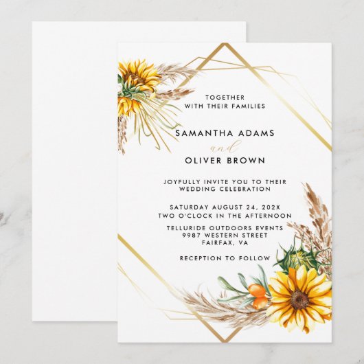 Waterverf Zonnebloem geometrische rustieke bruilof Kaart (Voorkant / Achterkant)