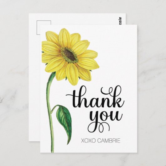 Waterverf Zonnebloem Hartelijk dank Briefkaart (Voorkant / Achterkant)