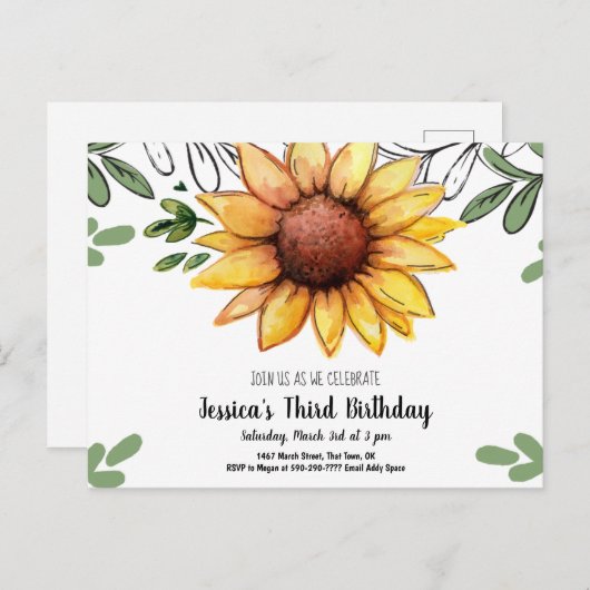 Waterverf Zonnebloem Kind Verjaardagsfeestuitnodig Uitnodiging Briefkaart (Voorkant / Achterkant)
