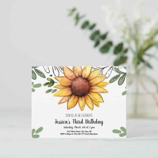 Waterverf Zonnebloem Kind Verjaardagsfeestuitnodig Uitnodiging Briefkaart (Staand voorkant)
