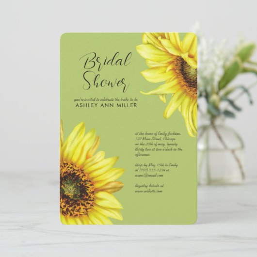 Waterverf Zonnebloem Licht Groen Trouwdouche Kaart (Staand voorkant)