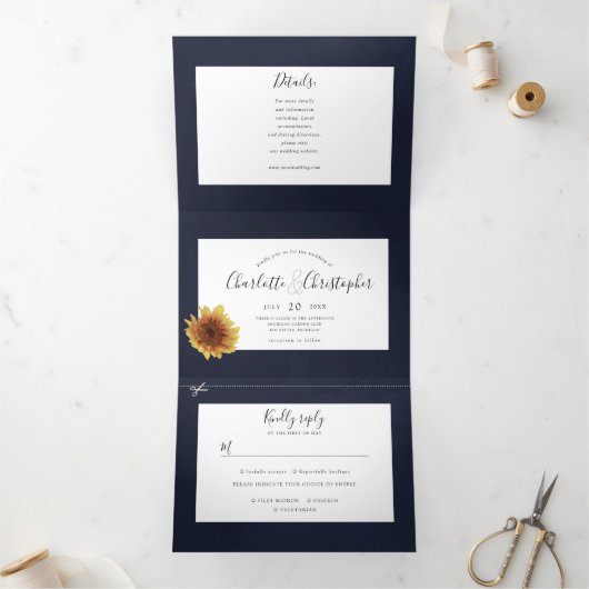 Waterverf zonnebloem marineblauw alles in één brui drieluik uitnodiging (Binnen)