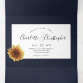 Waterverf zonnebloem marineblauw alles in één brui drieluik uitnodiging (Binnenkant midden)