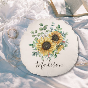 Waterverf Zonnebloem met Initiaal Vintage Landelij Rond Kussen
