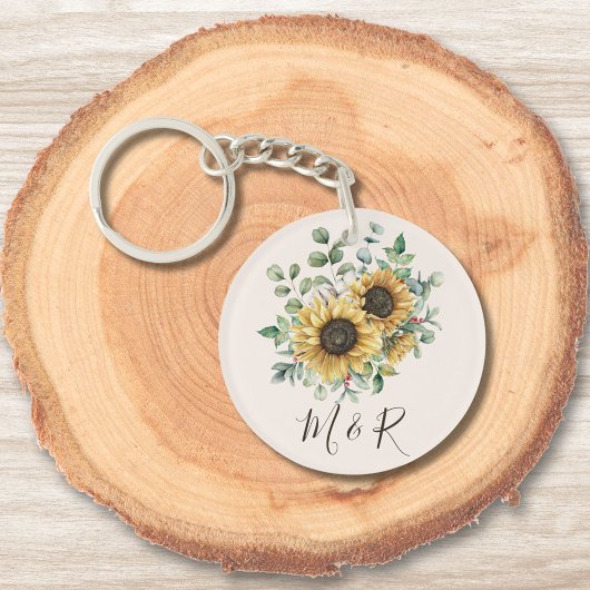 Waterverf Zonnebloem met Initialen Vintage Rustiek Sleutelhanger