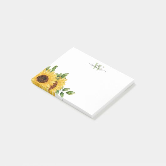 Waterverf Zonnebloem met monogram Post-it® Notes (Schuin)