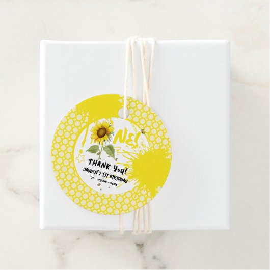 Waterverf zonnebloem met vlinders 1e verjaardag bedankjes labels (In situ)