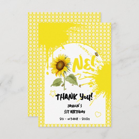 Waterverf zonnebloem met vlinders 1e verjaardag bedankkaart (Voorkant / Achterkant)