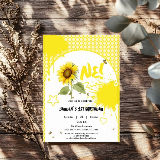 Waterverf zonnebloem met vlinders 1e verjaardag kaart