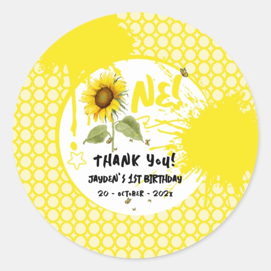 Waterverf zonnebloem met vlinders 1e verjaardag ronde sticker (Voorkant)