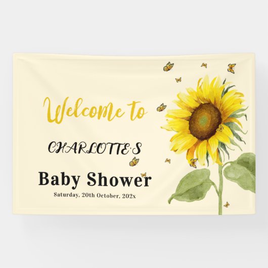 Waterverf Zonnebloem met Vlinders Baby shower Spandoek (Horizontaal)