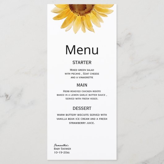 Waterverf zonnebloem minimalist menu (Voorkant)
