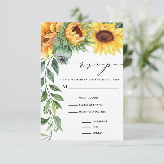 Waterverf Zonnebloem Moderne Maaltijdkeuze RSVP Kaartje (Staand voorkant)