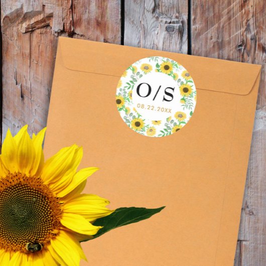 Waterverf Zonnebloem Monogram Envelop Afdichting Ronde Sticker