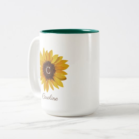 Waterverf Zonnebloem Monogram Naam Tweekleurige Koffiemok (Voorkant links)