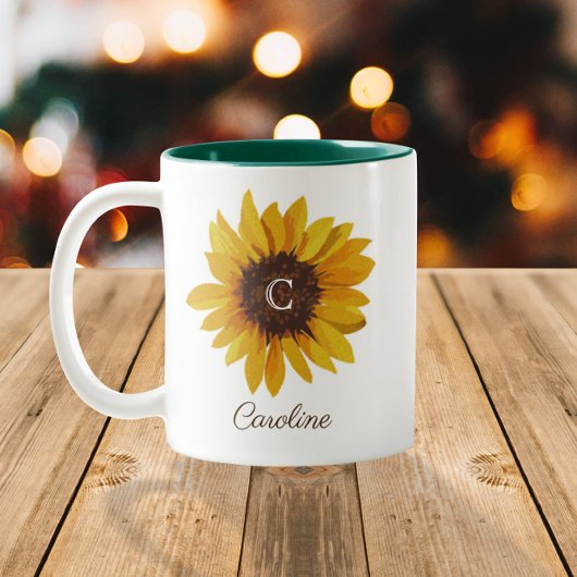 Waterverf Zonnebloem Monogram Naam Tweekleurige Koffiemok