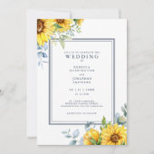 Waterverf Zonnebloem Navy Blue Wedding Invitation (Voorkant)