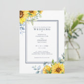 Waterverf Zonnebloem Navy Blue Wedding Invitation (Staand voorkant)