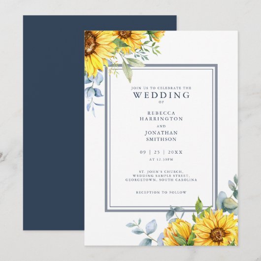 Waterverf Zonnebloem Navy Blue Wedding Invitation (Voorkant / Achterkant)