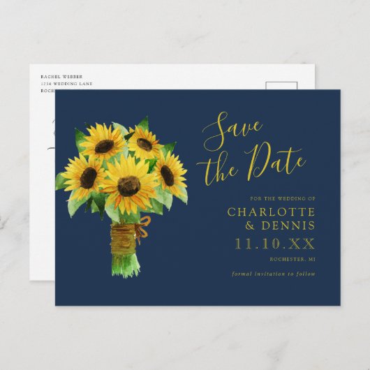 waterverf zonnebloem op marine bewaar de datum briefkaart (Voorkant / Achterkant)