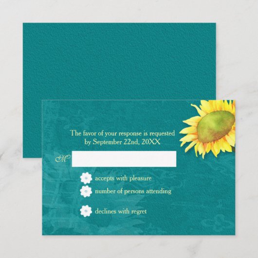 Waterverf Zonnebloem Rustic Blue Jade Wedding RSVP (Voorkant / Achterkant)