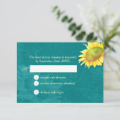 Waterverf Zonnebloem Rustic Blue Jade Wedding RSVP Kaartje (Staand voorkant)