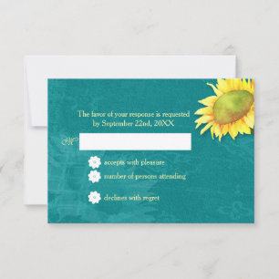 Waterverf Zonnebloem Rustic Blue Jade Wedding RSVP Kaartje
