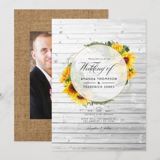 Waterverf Zonnebloem Rustic Country Barn Wedding I Kaart (Voorkant / Achterkant)