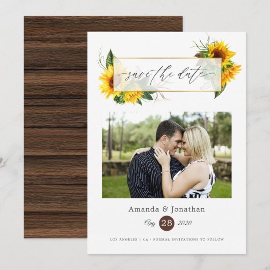 Waterverf Zonnebloem Rustic Geometric Wedding Save The Date (Voorkant / Achterkant)