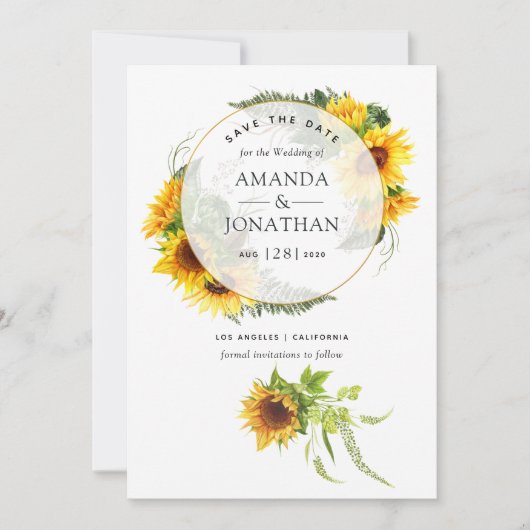 Waterverf Zonnebloem Rustic Geometric Wedding Save The Date (Voorkant)