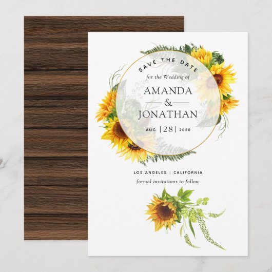 Waterverf Zonnebloem Rustic Geometric Wedding Save The Date (Voorkant / Achterkant)