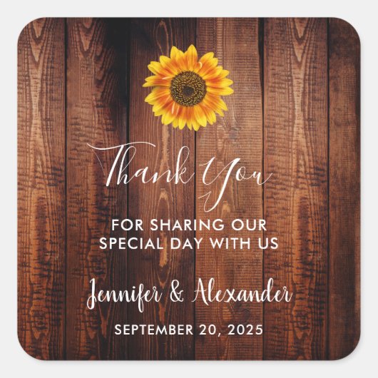 Waterverf zonnebloem rustiek hout dank u vierkante sticker (Voorkant)
