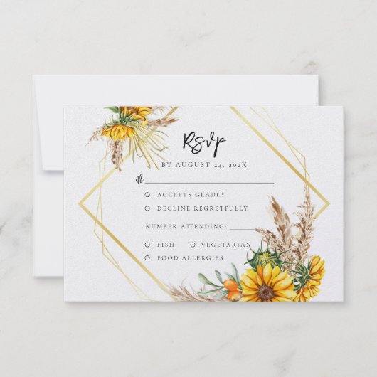 Waterverf Zonnebloem Rustiek QR Code Huwelijk RSVP Kaartje (Voorkant)