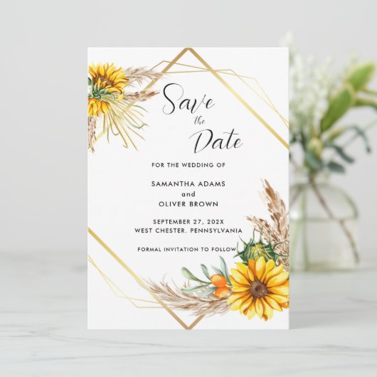 Waterverf Zonnebloem Rustiek Script Bewaar de datu Save The Date (Staand voorkant)