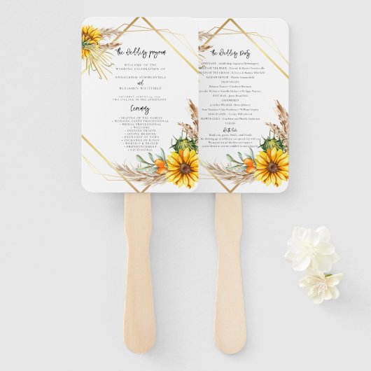 Waterverf Zonnebloem Rustiek Trouwprogramma Handwaaier (Voorkant en achterkant)