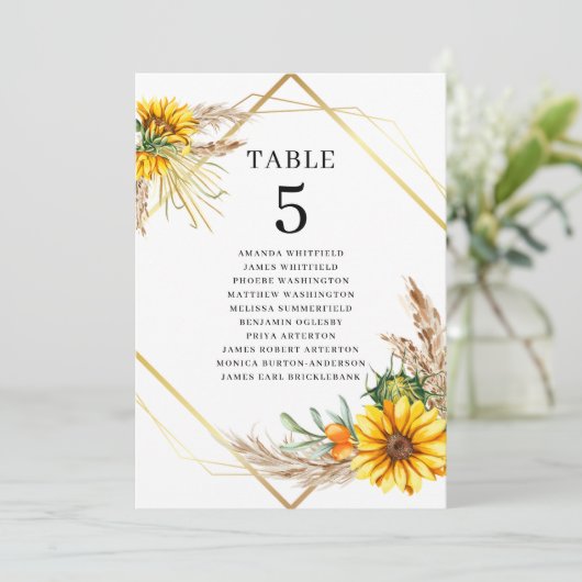 Waterverf Zonnebloem Rustiek Trouwtafel Nummer Kaart (Staand voorkant)