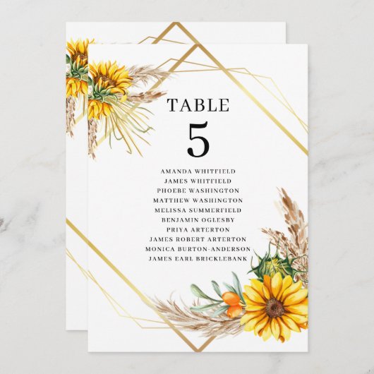 Waterverf Zonnebloem Rustiek Trouwtafel Nummer Kaart (Voorkant / Achterkant)