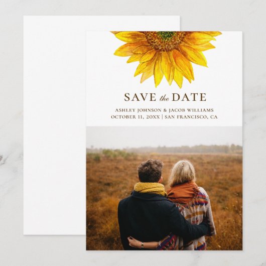 Waterverf zonnebloem. Rustieke bloem botanisch Save The Date (Voorkant / Achterkant)